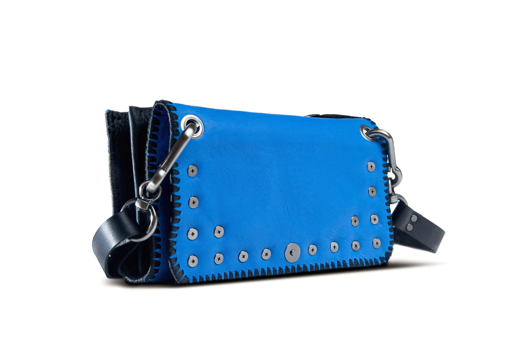 blue studded cross body bag side view