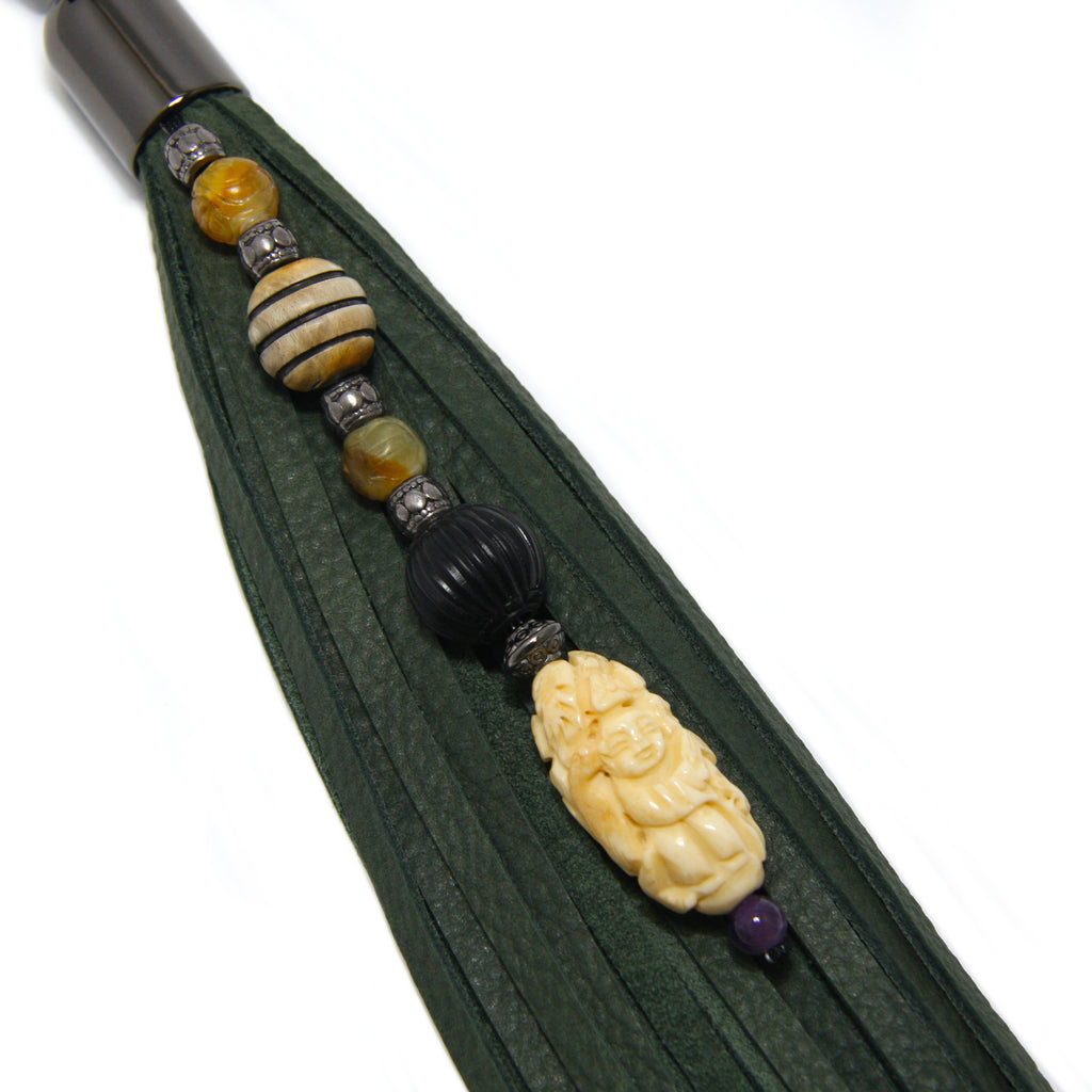beaded olive green leather tassel key fob with good fortune netsuke focal bead and semi precious stones