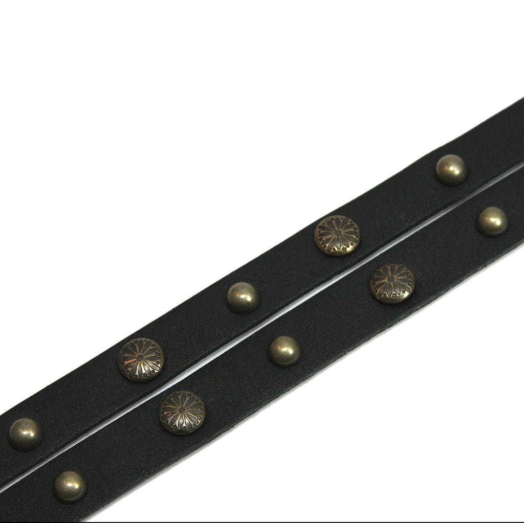 close up of black double 1/2" strap hat band with antique brass studs