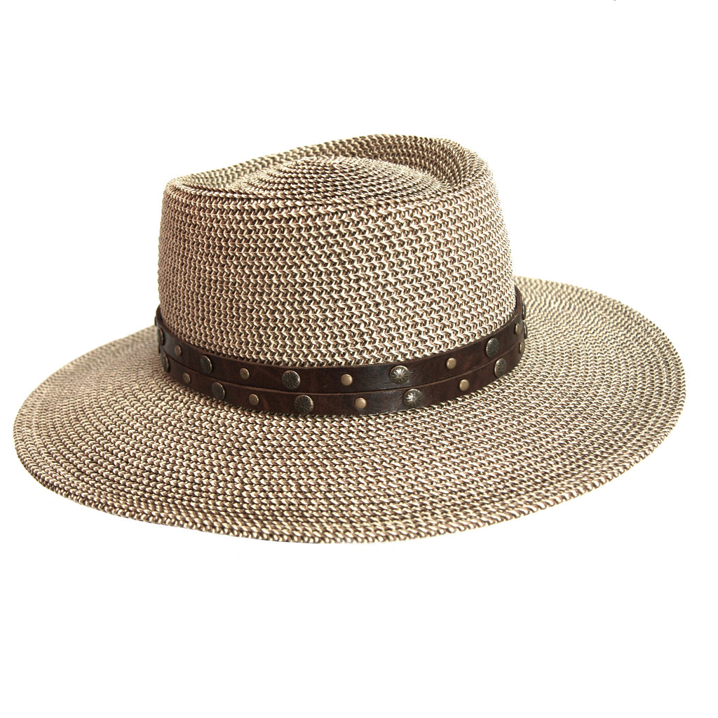 Straw hat with brown distressed leather antiqued brass studded hat band