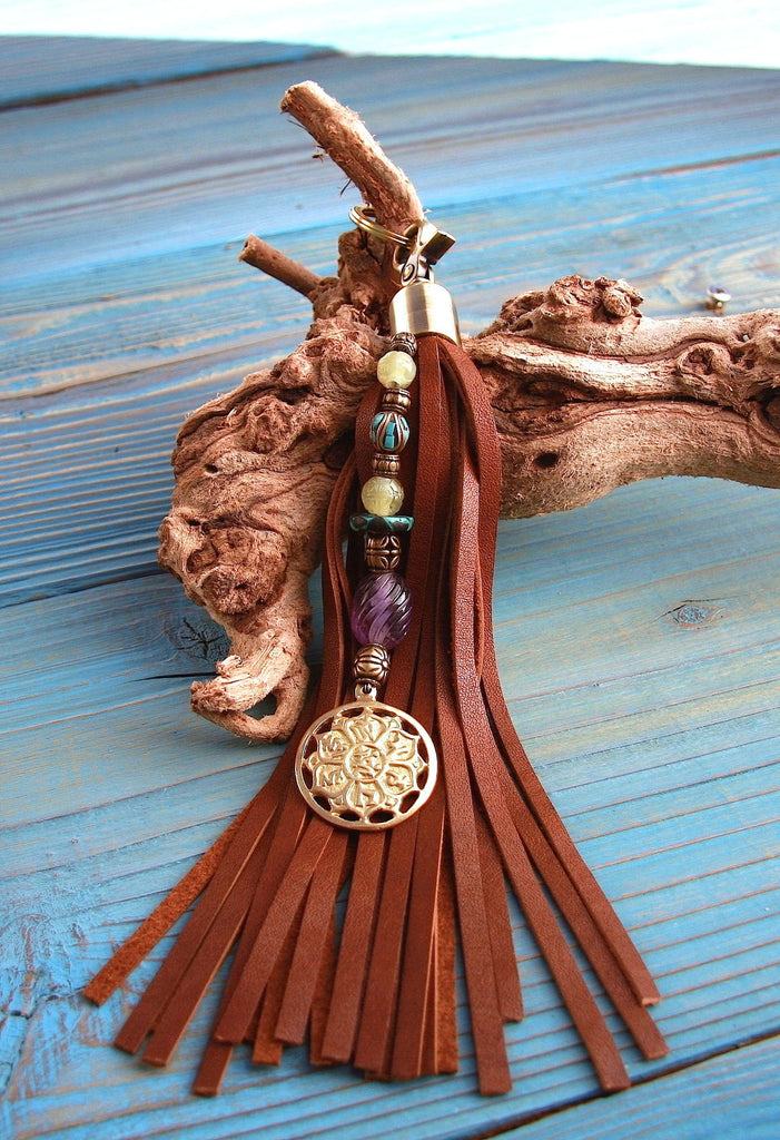 beaded leather tassel key fob purse charm with brass tibetan prayer wheel pendant 