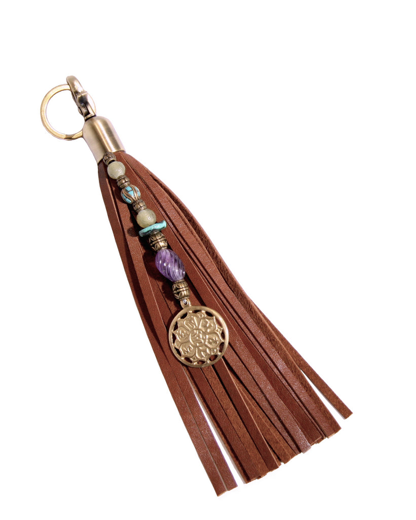 beaded leather tassel purse charm key fob with amethyst turquoise jade and brass tibet prayer wheel pendant