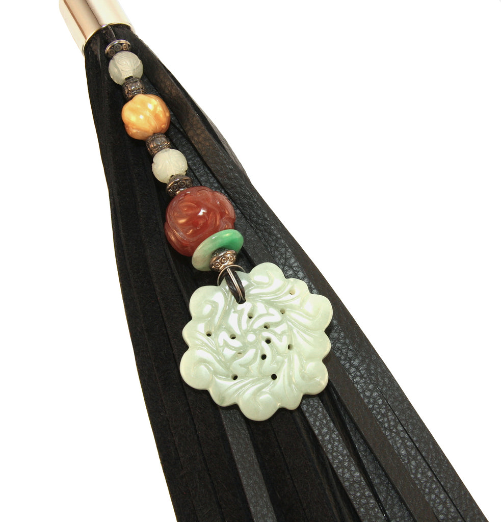 chinese jade pendant bohemian style beaded black leather tassel key chain purse charm