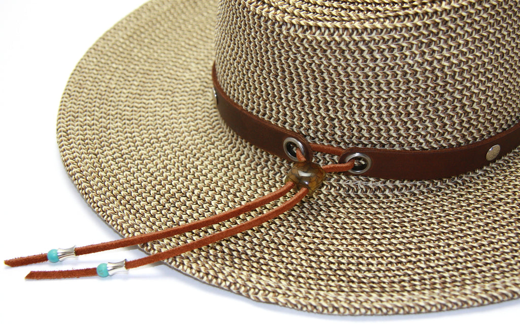 southwestern hat band with semi precious stone pull tie close up 