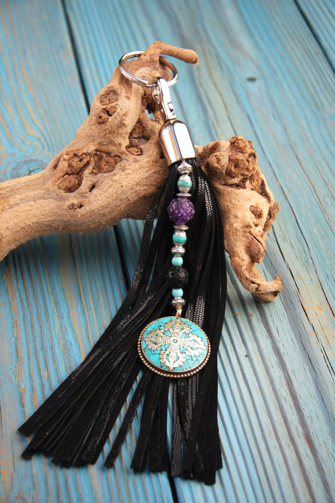 black reptile embossed leather Tassel key fob beaded with Turquoise inlay tibetan pendant Amethyst Turquoise and fossilized coal