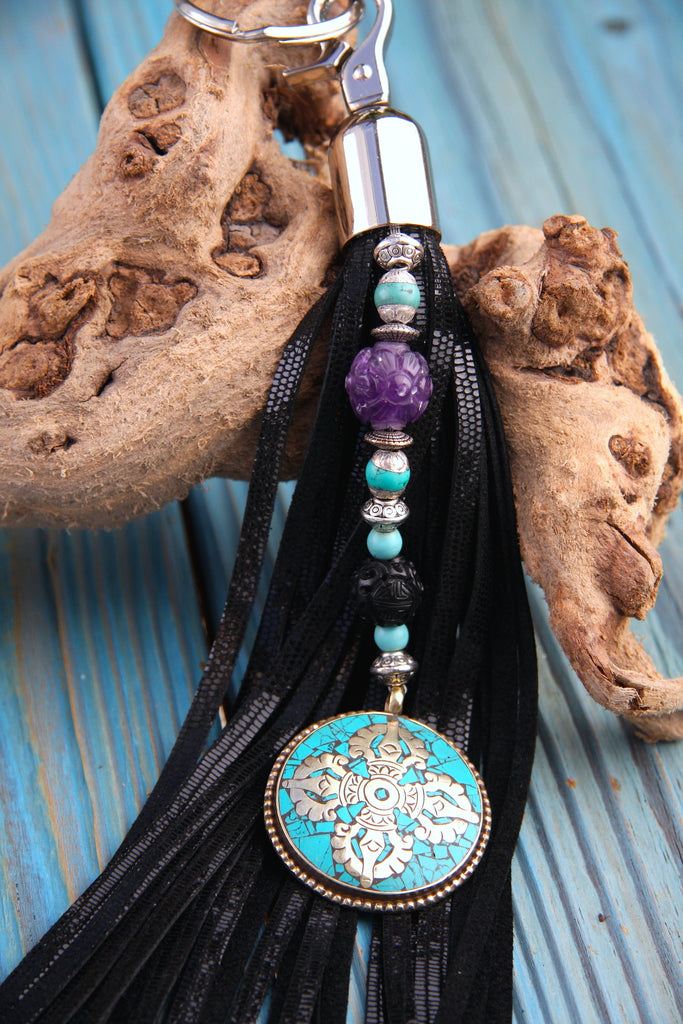 black shiny reptile embossed leather Tassel key fob beaded with Turquoise inlay tibetan pendant Amethyst Turquoise and fossilized coal