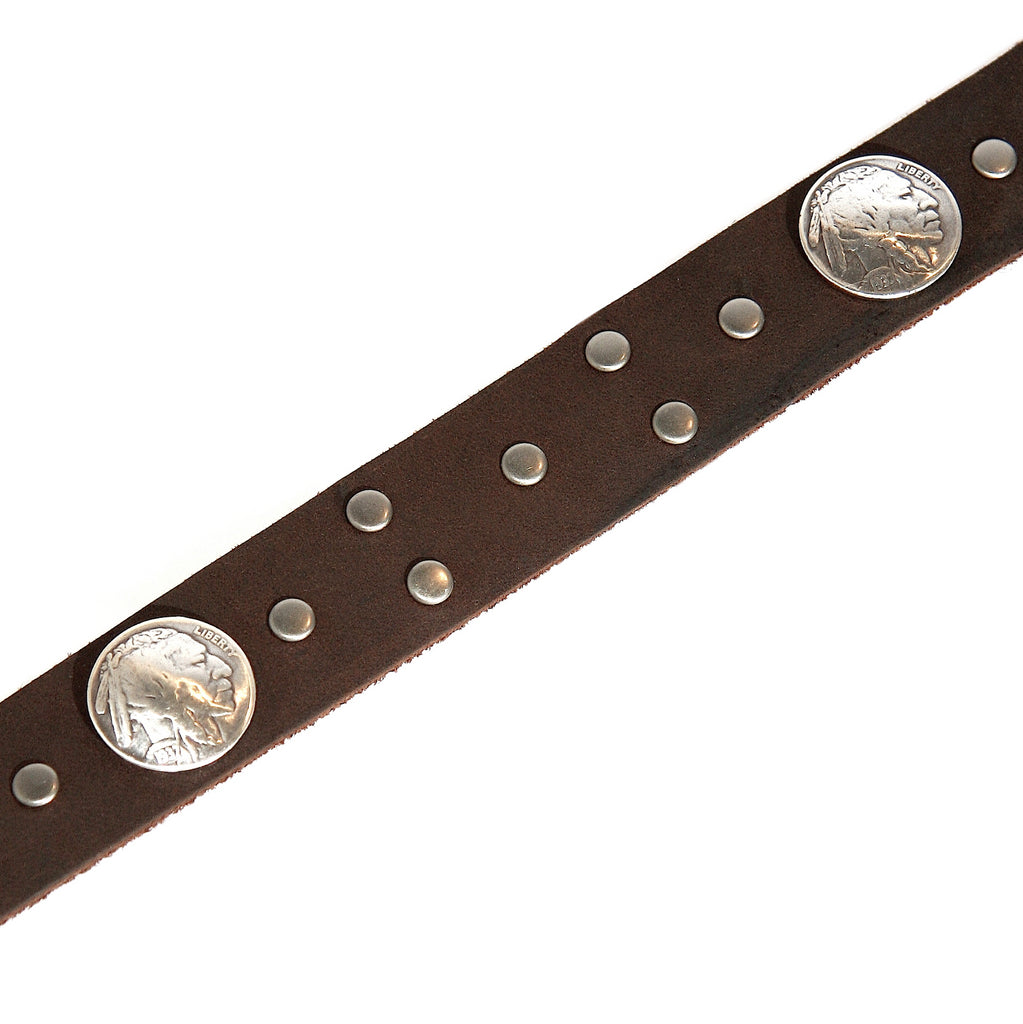1 inch thick distressed leather brown hat band with buffalo nickel conchos and silver tone studs