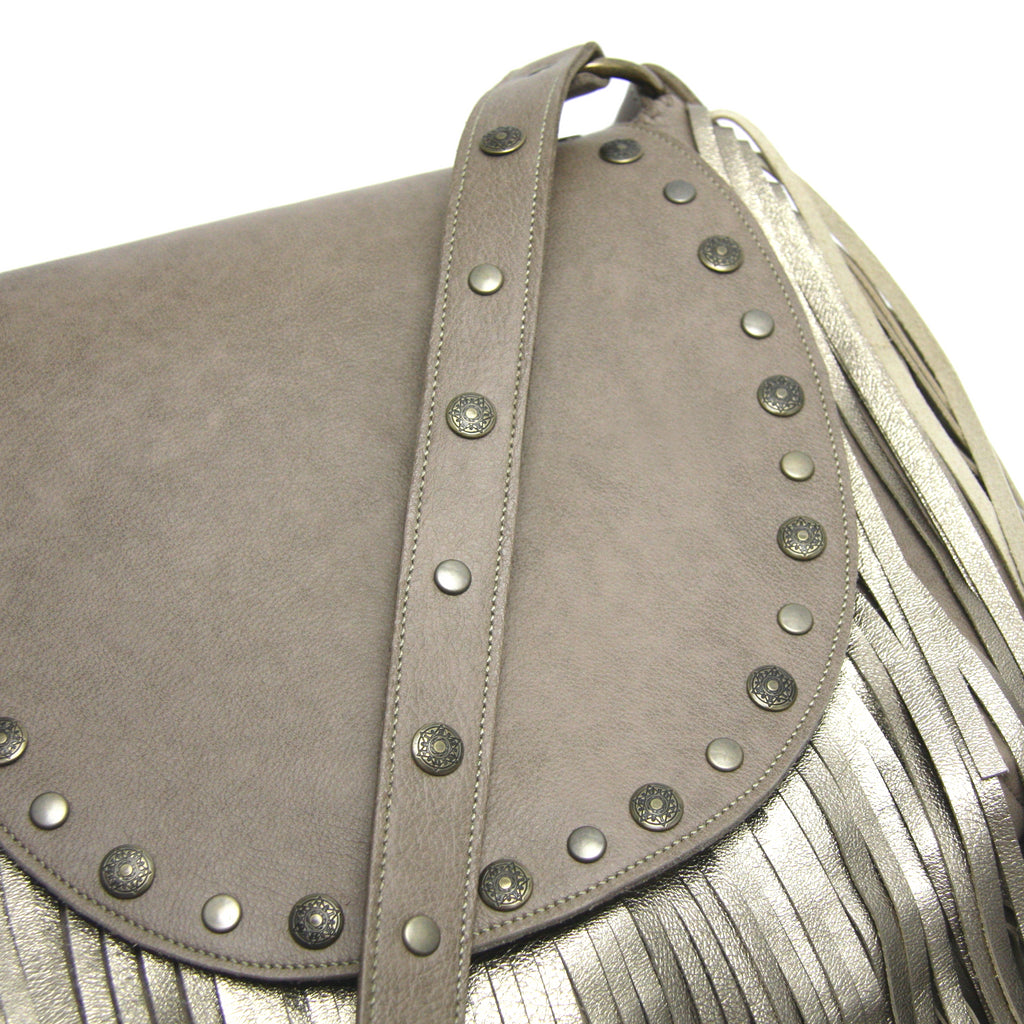 Beige Metallic Fringe Saddle Bag