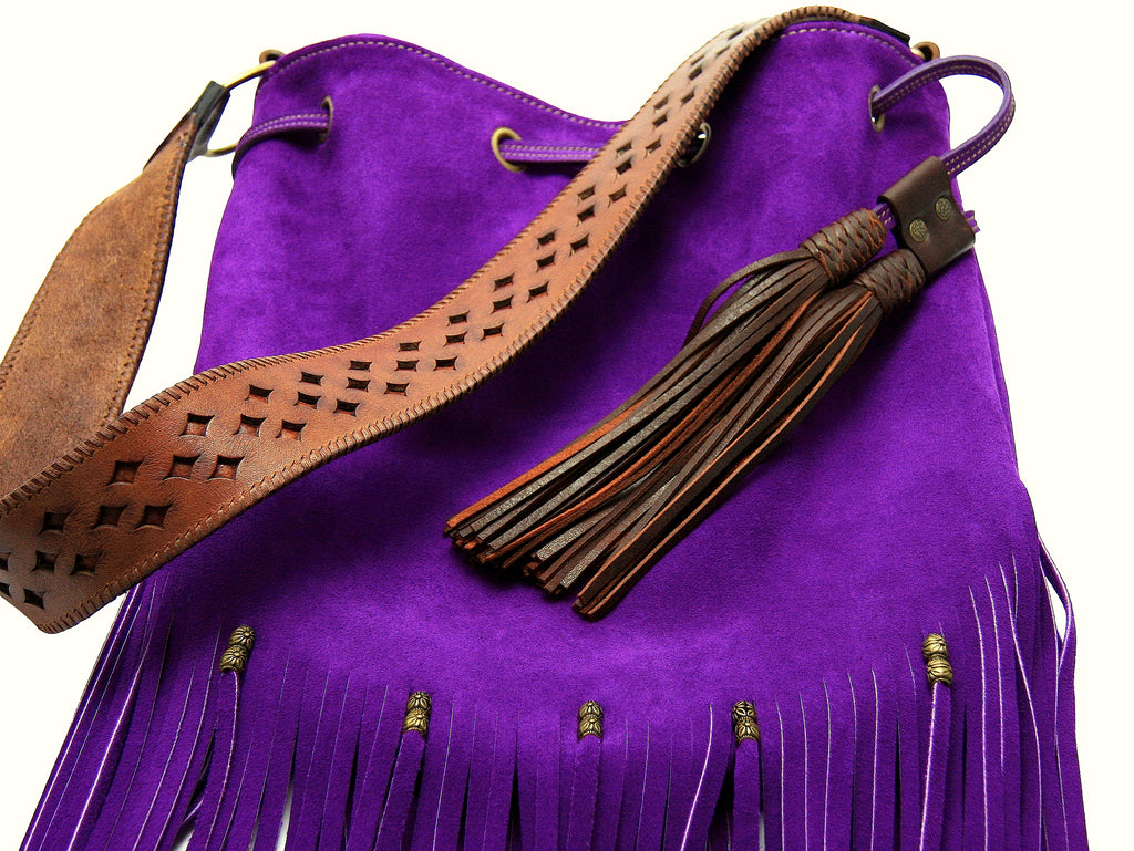 purple suede fringe handbag purse with long brown leather tassel drawstring and brown vintage belt shoulder strap