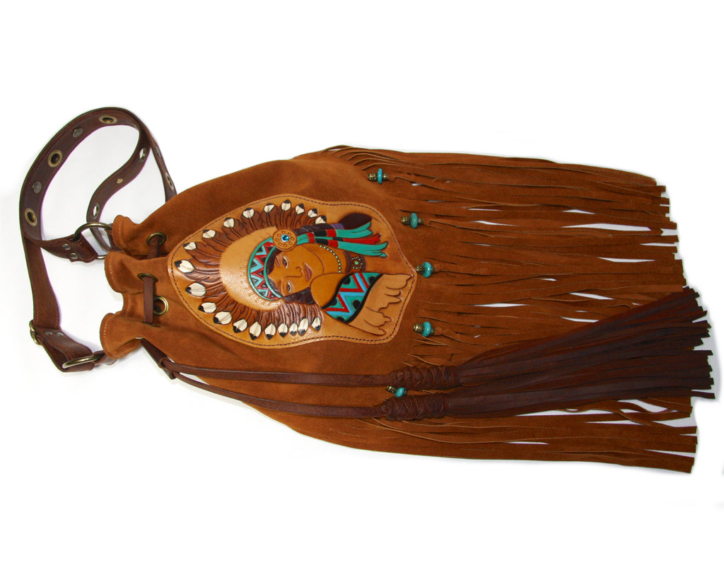 Hand tooled Indian Chief fringe handbag Tan