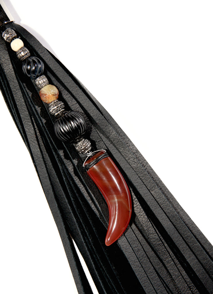 9 inch black leather tassel beaded with carnelian claw pendant Black tiger eye jade and fossilized coal