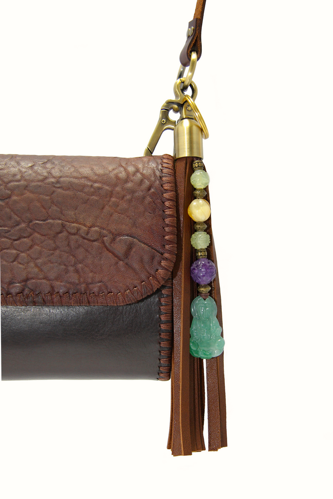 handmade beaded leather tassel key chain bag charm with kuan yin pendant jade and amethyst beads 
