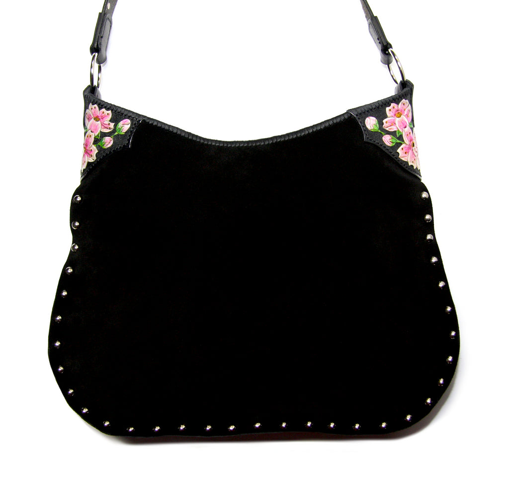 black suede bohemian tote with cherry blossom accent on strap