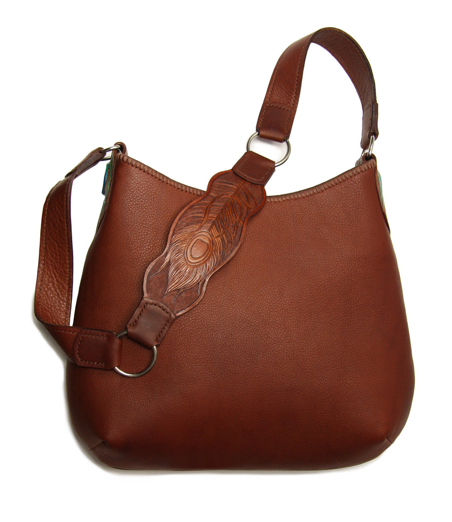 Bohemian Shoulder Strap Bag brown with hand Tooled Peacock Feather