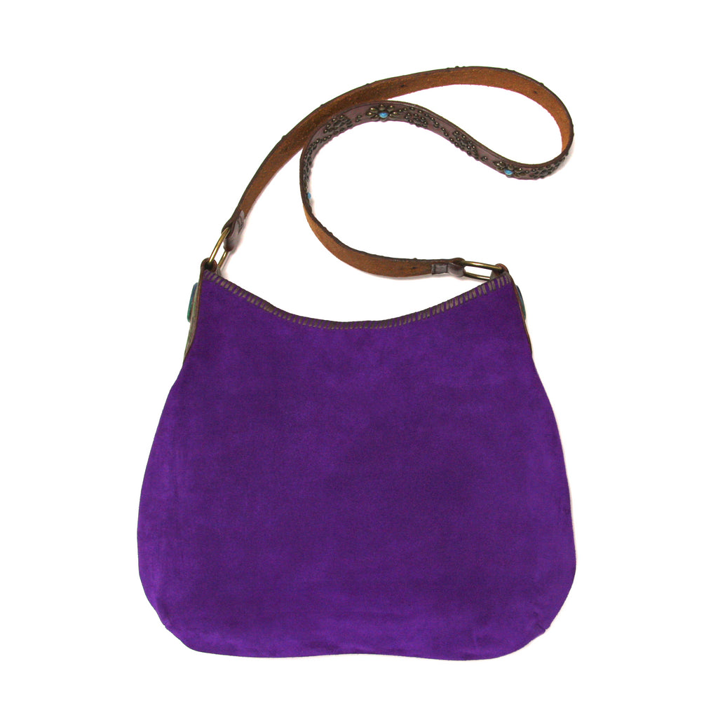 purple suede tote with vintage belt shoulder strap