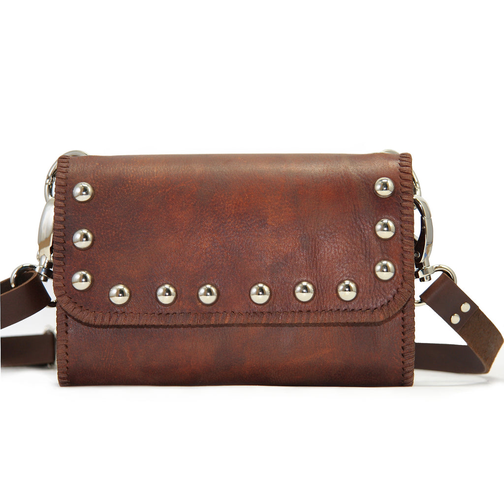handmade brown leather studded crossbody bag with pond adjustable strap close up front