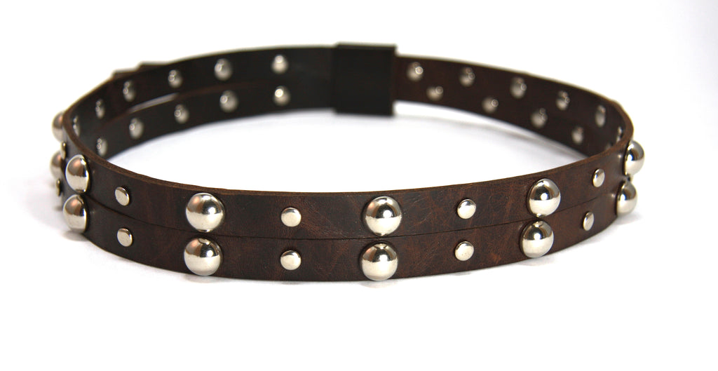 dark brown distressed leather hat band with double half inch strap and large silver studs