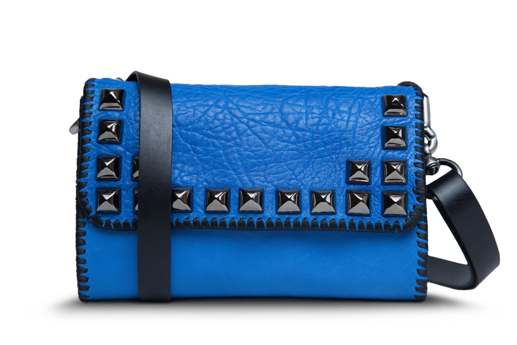 Peacock blue cross body handbag with gunmetal grey studs and long black adjustable strap front view