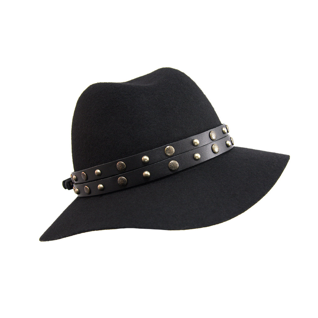 double half inch black leather strap hatband with antique brass studs on black fedora hat