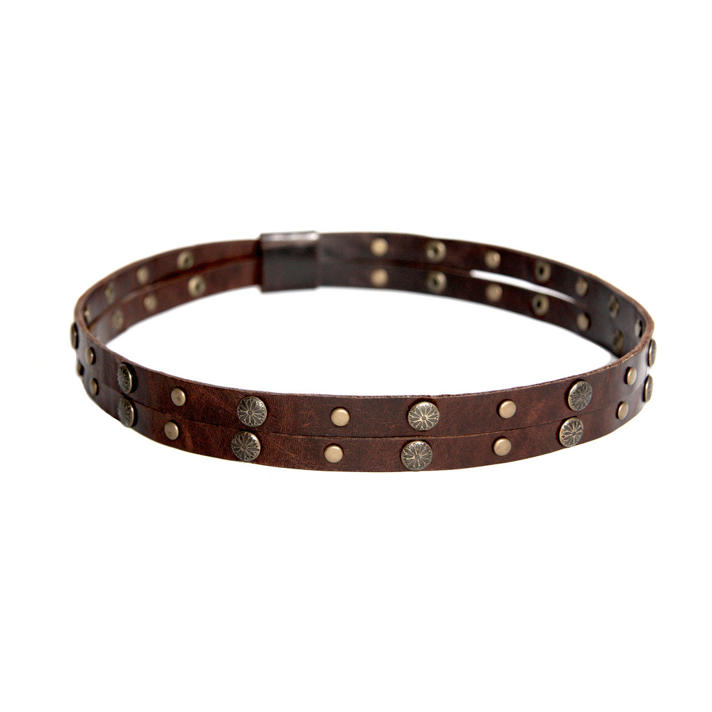 double half inch brown leather strap Hat band with floral embossed studs 