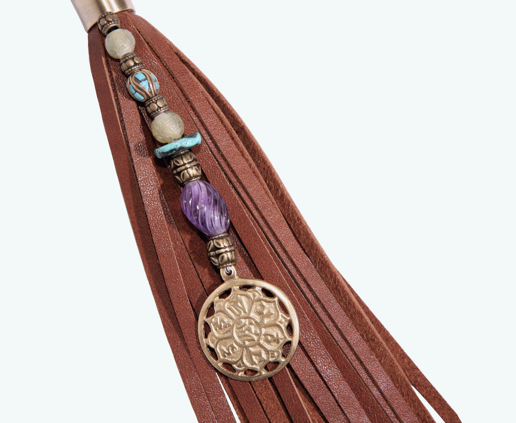 tibet prayer wheel beaded brown leather tassel purse charm key fob with genuine amethyst and turquoise beads