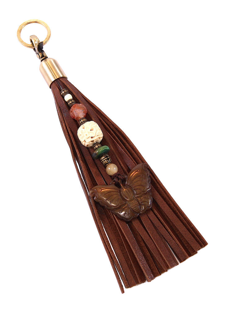 brown Nephrite Jade butterfly beaded leather tassel key fob full view