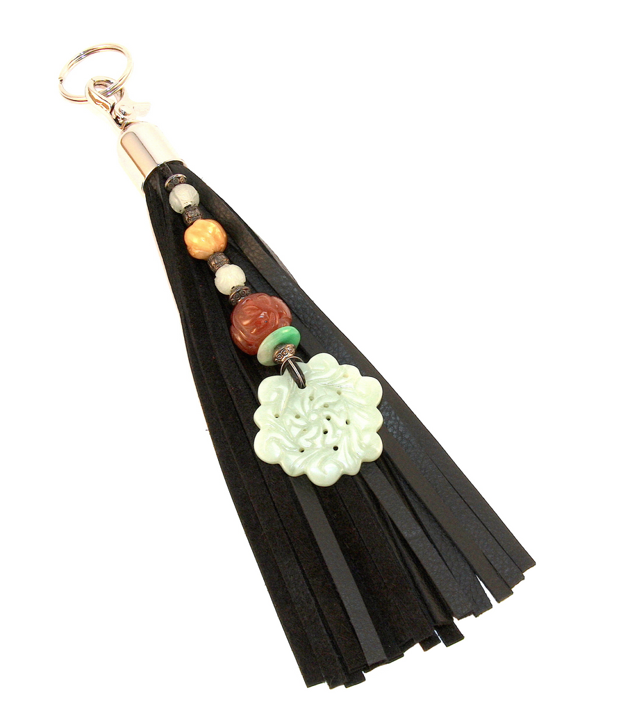 Black leather tassel purse charm key fob beaded with focal pendant of Chinese Jade carnelian aventurine and Hsiu Jade
