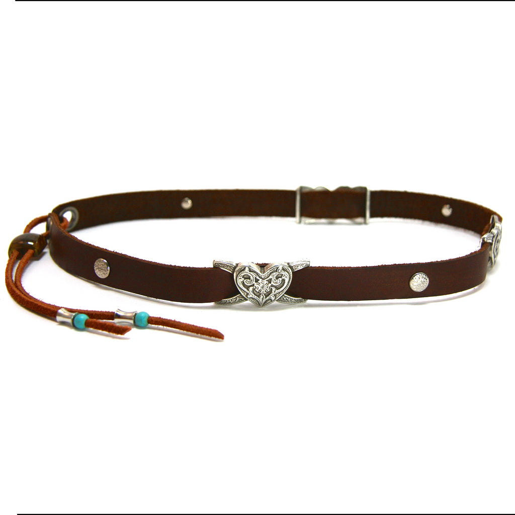 handmade hatband embellished with western heart conchos and semi precious stone pull closure