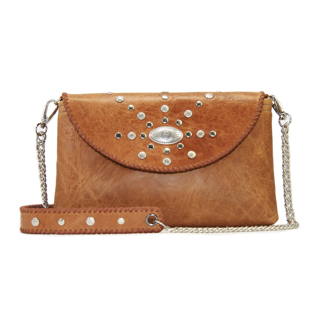 Tan envelope bag with studded flap and chain and leather shoulder strap front view