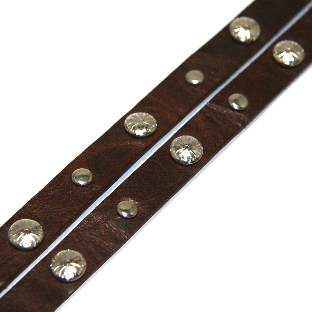 close up photo of double 1/2 inch strap distressed brown leather hat band with flower embossed silver tone studs