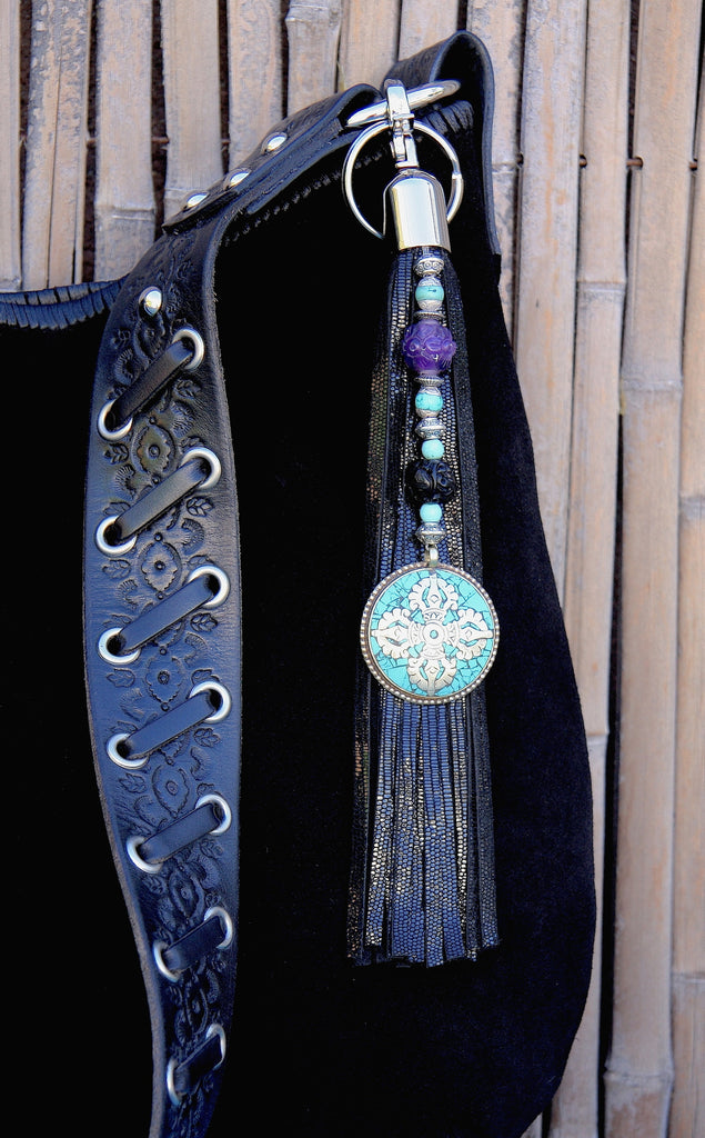 black suede tote with black shiny reptile embossed leather Tassel bag charm beaded with Turquoise inlay tibetan pendant Amethyst Turquoise and fossilized coal 