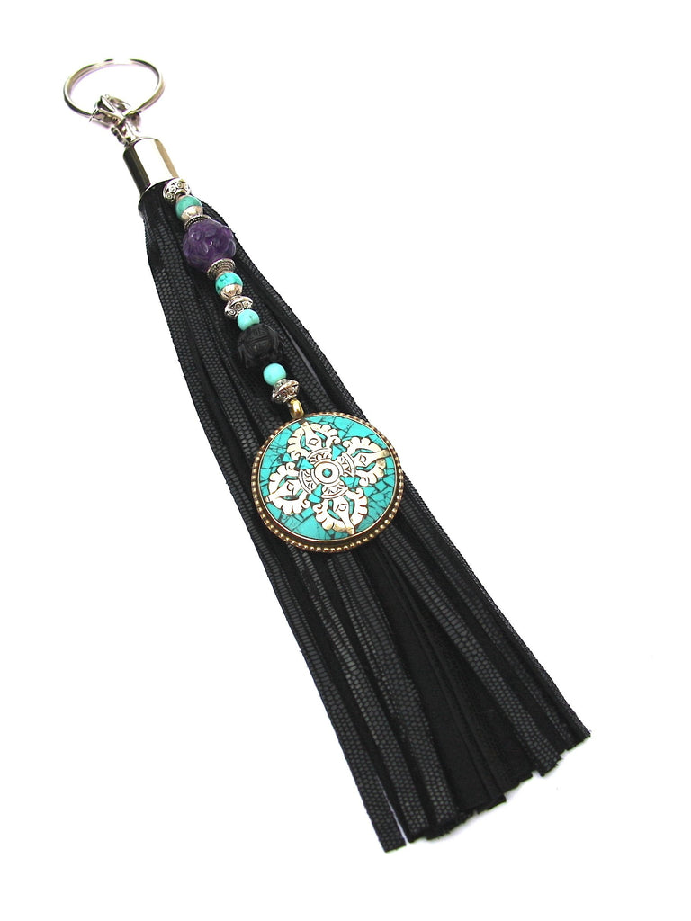 black shiny reptile embossed leather Tassel key fob beaded with Turquoise inlay tibetan pendant Amethyst Turquoise and fossilized coal
