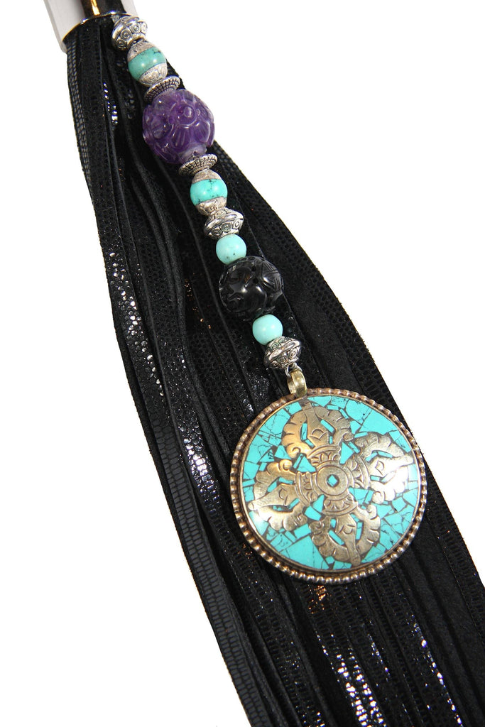 black shiny reptile skin embossed leather 9 inch tassel beaded with amethyst turquoise fossilized coal and tibet turquoise inlay prayer wheel