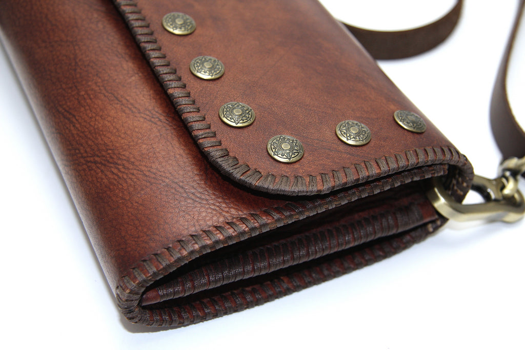 hand stitched detail on brown leather cross body bag close up view