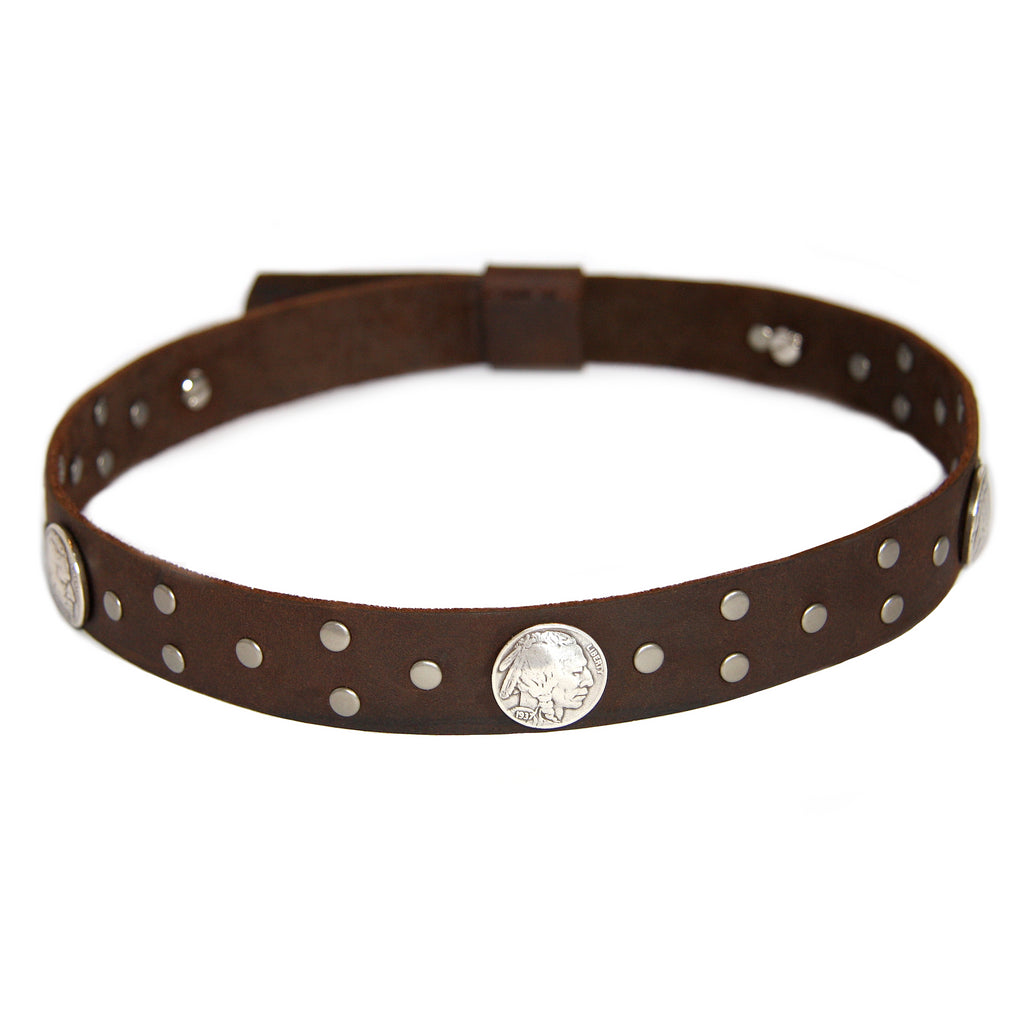 1 inch thick distressed brown leather hatband with buffalo nickel conchos and silver tone studs