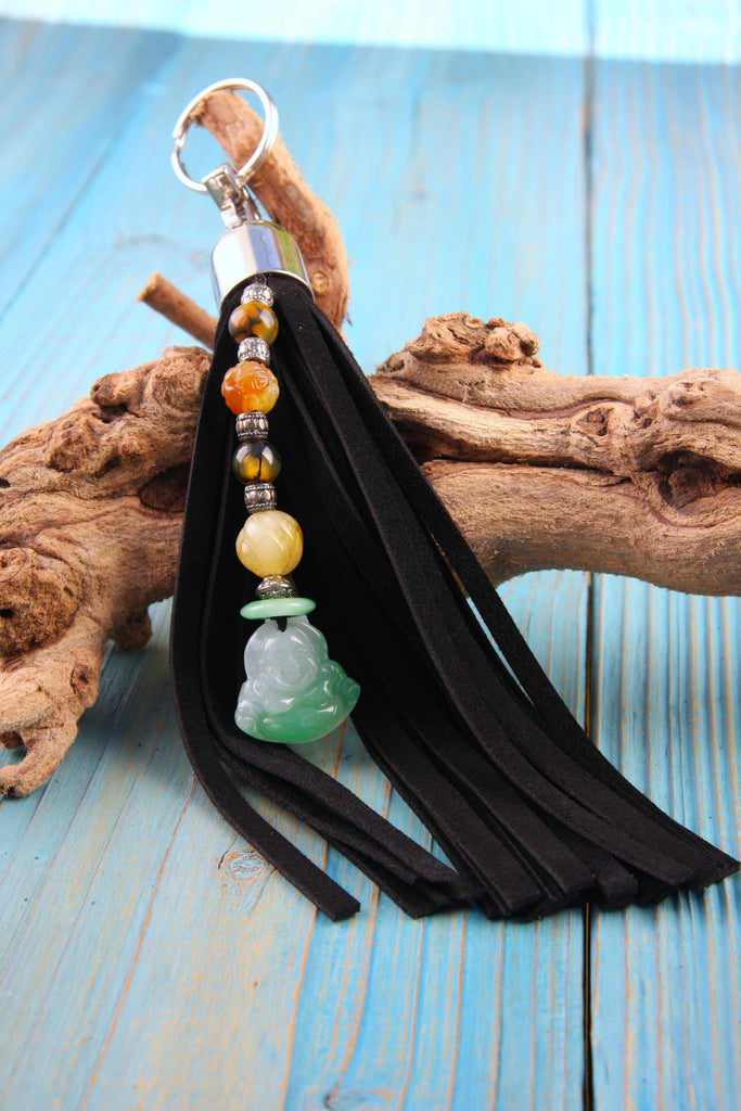 Green jade buddha beaded black leather tassel key fob bag charm
