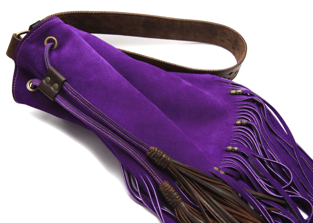 Purple suede fringe drawstring hand bag purse with shoulder strap made from brown vintage belt 