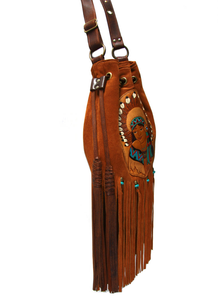 Tan suede drawstring handbag with Turquoise beaded fringe and Indian girl tooled leather front