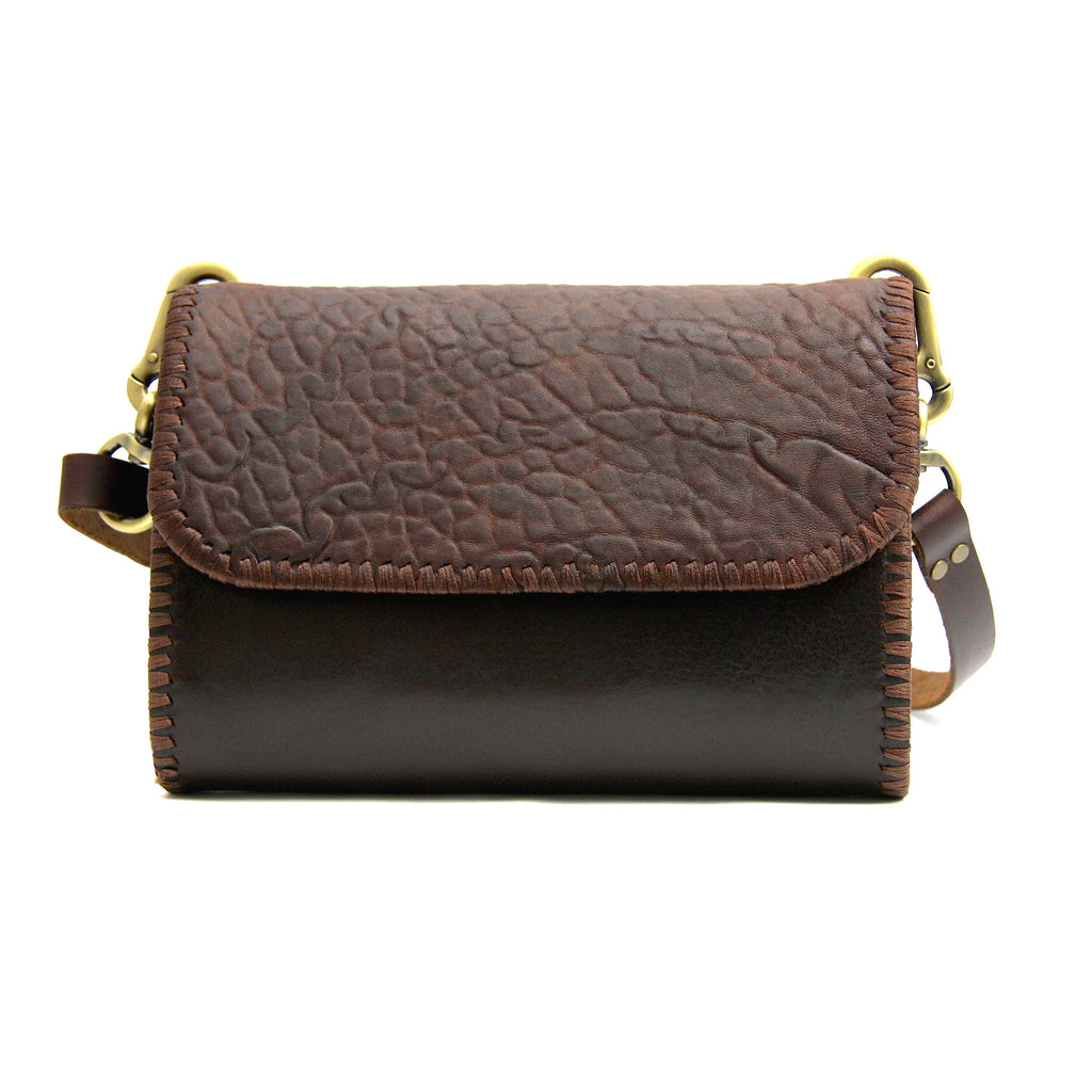 two toned leather crossbody bag with dark brown lambskin and crocodile embossed lambskin close up front