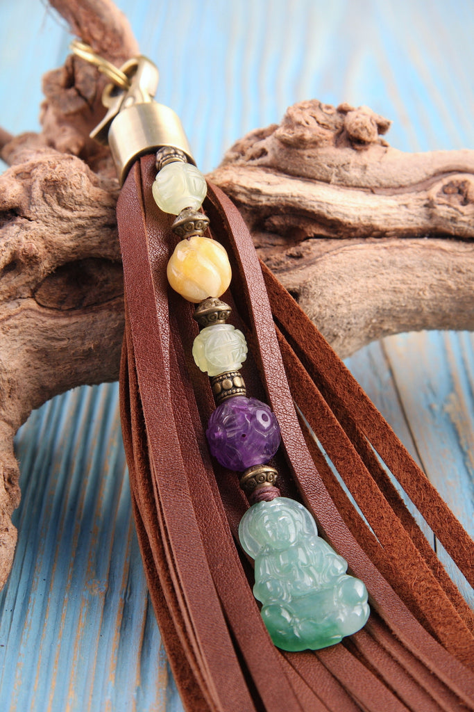 brown leather fringe tassel key chain purse charm beaded with amethyst jade and aventurine juan yin pendant