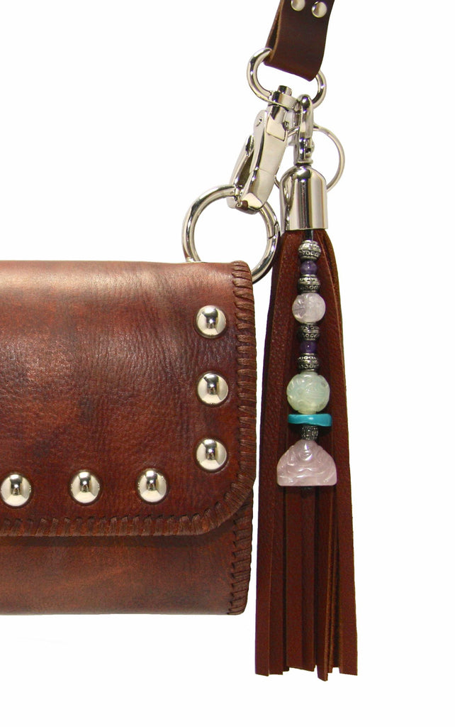 9 inch brown leather beaded tassel with rose quartz buddha turquoise jade and amethyst clasped to brown studded cross body bag 