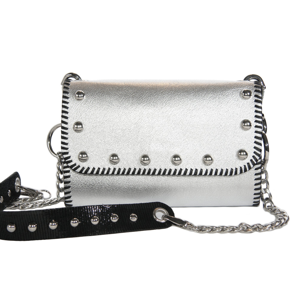 Metallic silver studded evening bag with chain and black studded reptile embossed leather