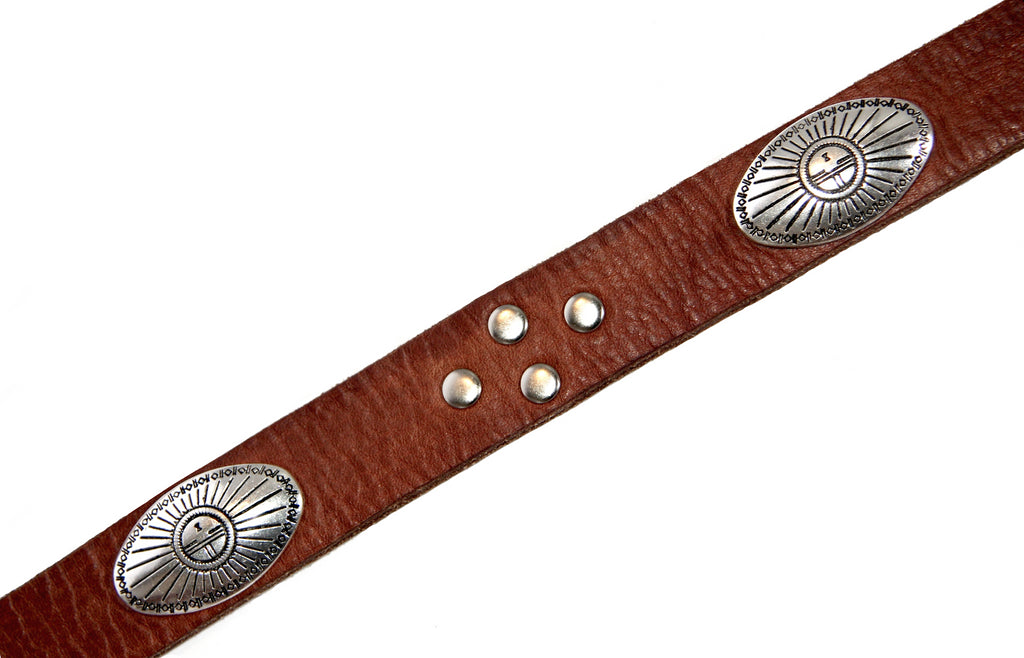 distressed brown leather southwestern style hat band with silver tone studs and eagle conchos