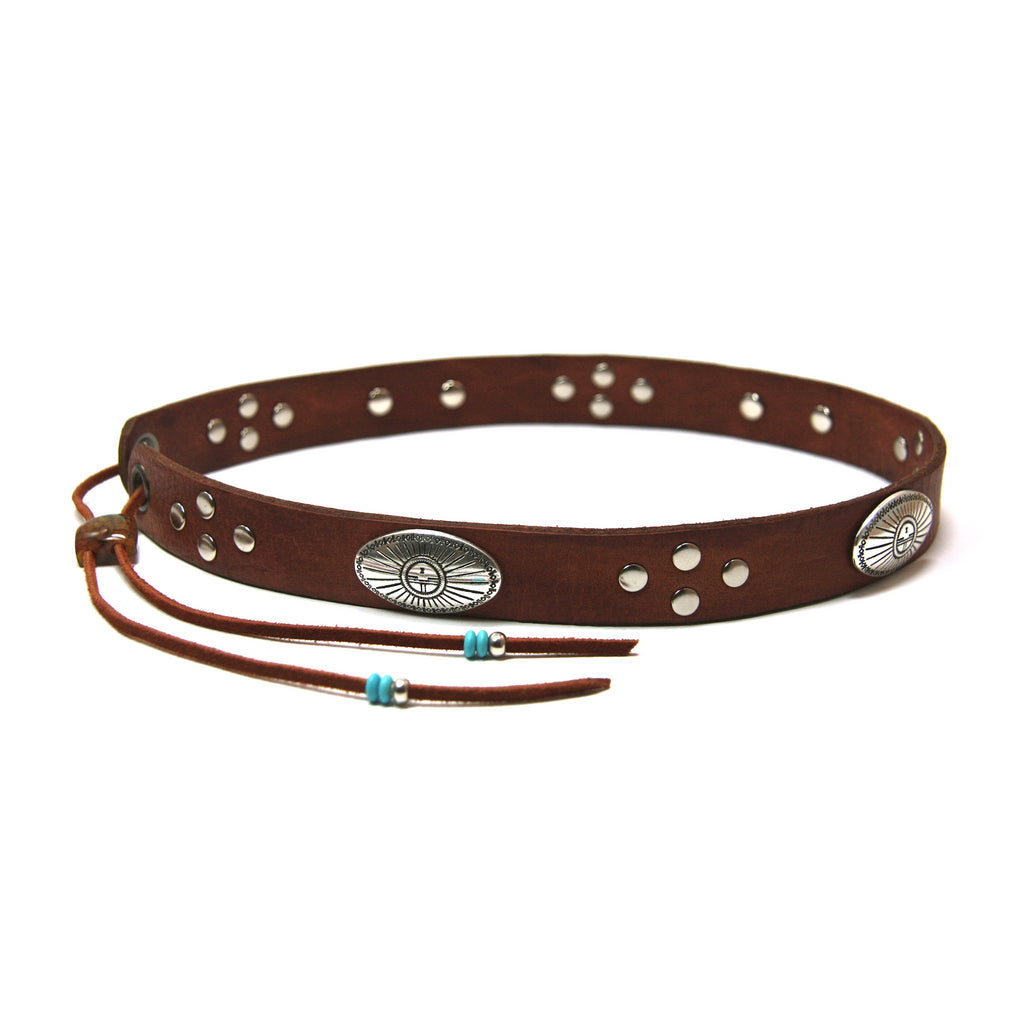 brown studded leather hatband with southwestern eagle conchos and semi precious stone back pull
