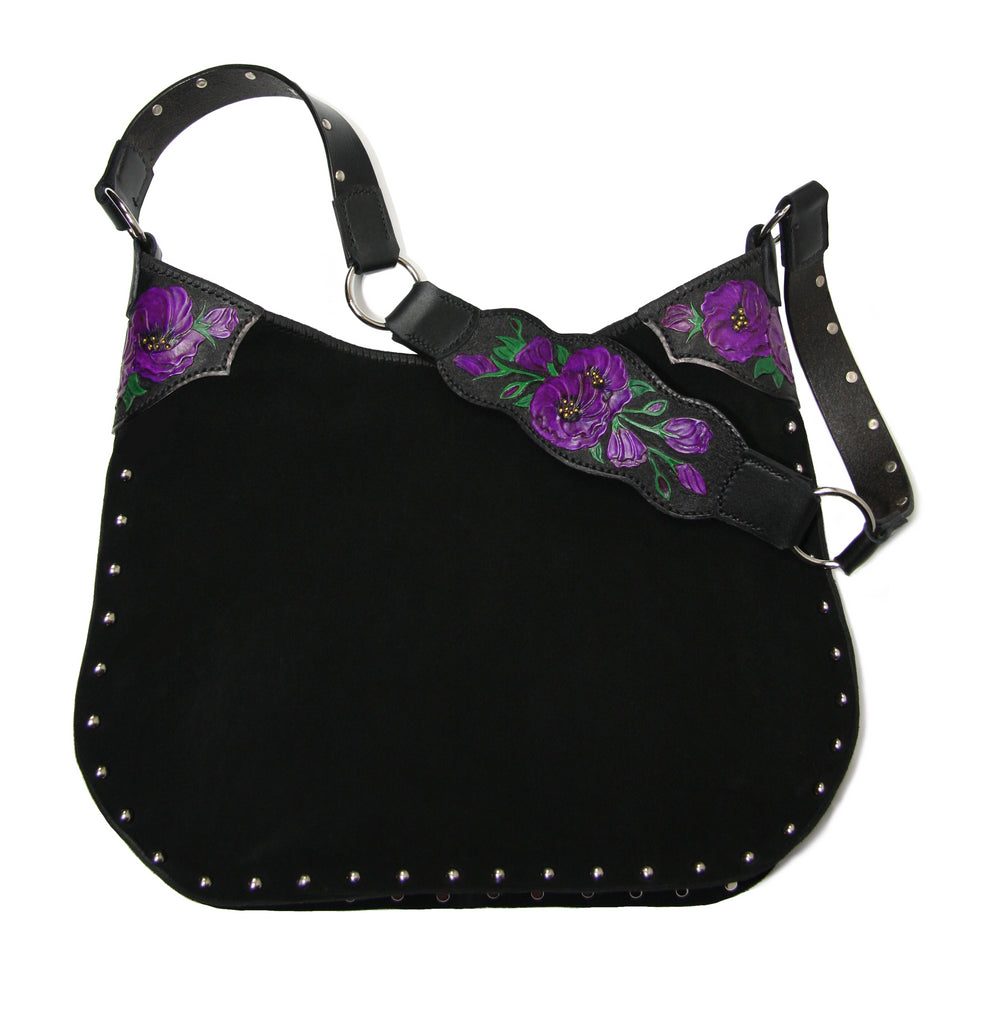 Black Suede Hand Tooled Purple Flower Handbag