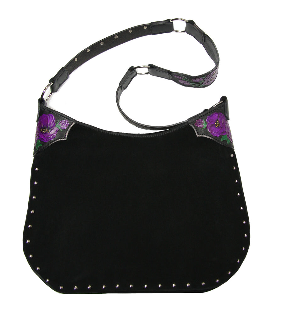 Black Suede Hand Tooled Purple Flower Handbag