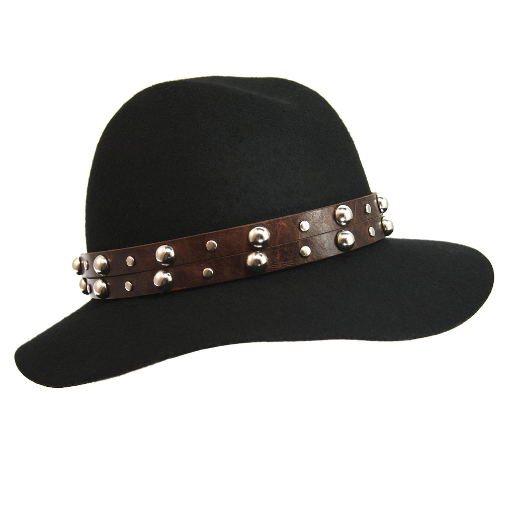 dark brown leather hatband double half inch strap with large silver studs on black fedora hat